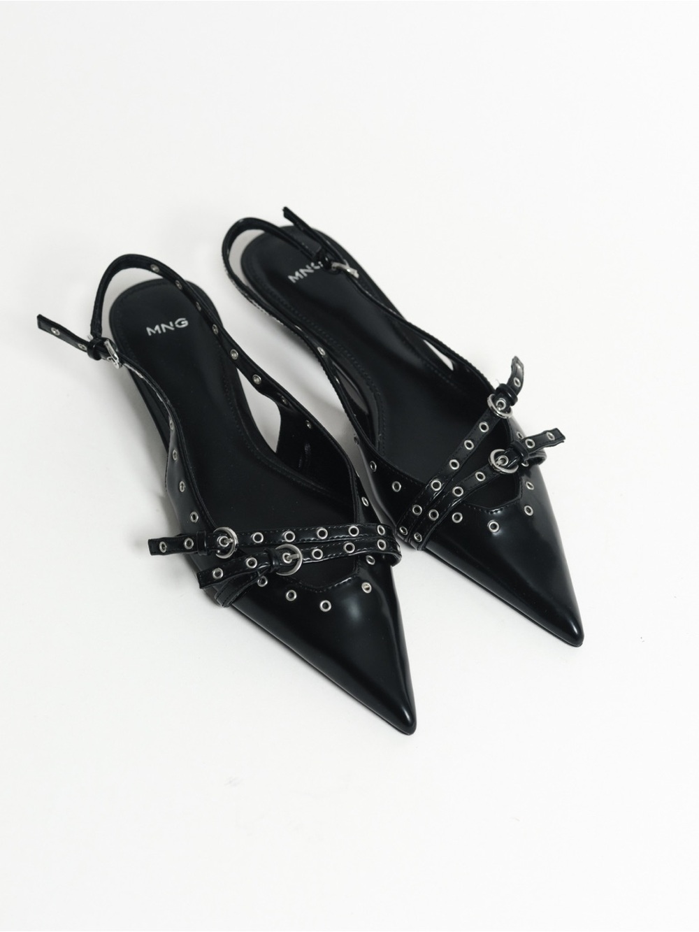 Mango Black Pointed Slingback Kitten Heels with Grommet Straps
